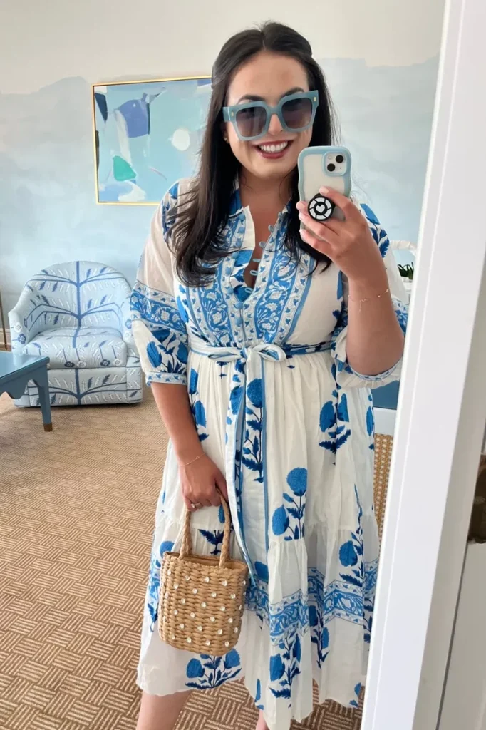 girl in block print blue and white dress